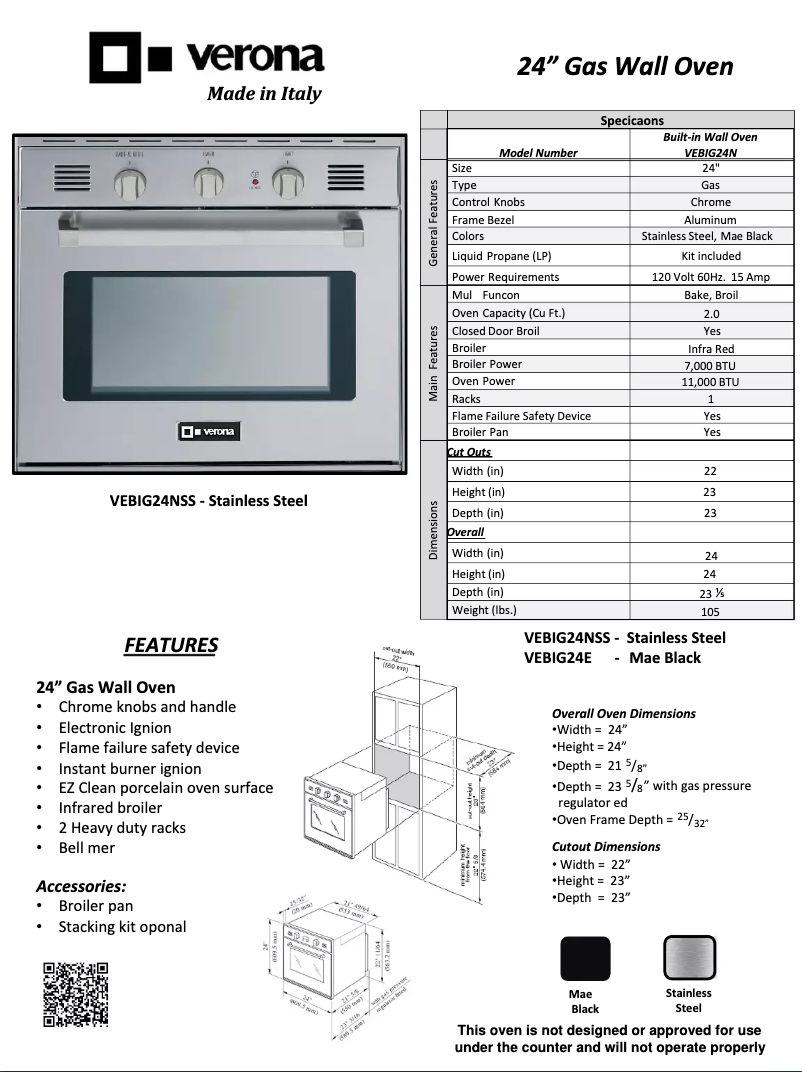 Page 1 de la notice Fiche technique Verona VEBIG24NE