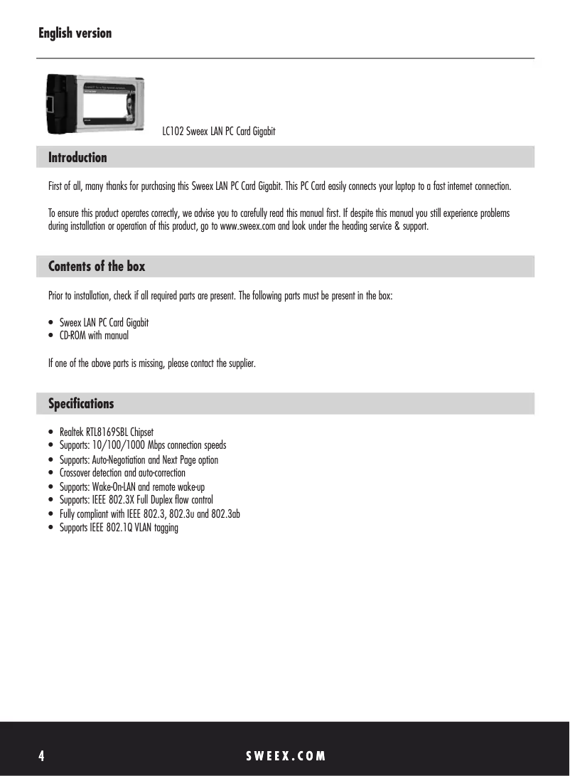 Page 1 de la notice Manuel utilisateur Sweex LAN PC Card Gigabit