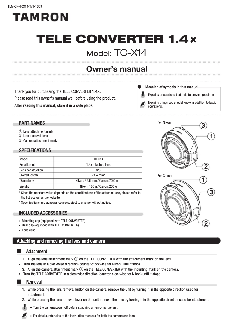 Page n°1 - Manuel utilisateur Tamron TC-X14