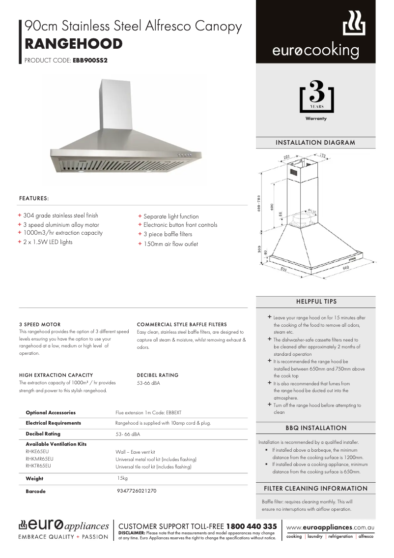 Page n°1 - Fiche technique Euro Appliances EBB900SS2