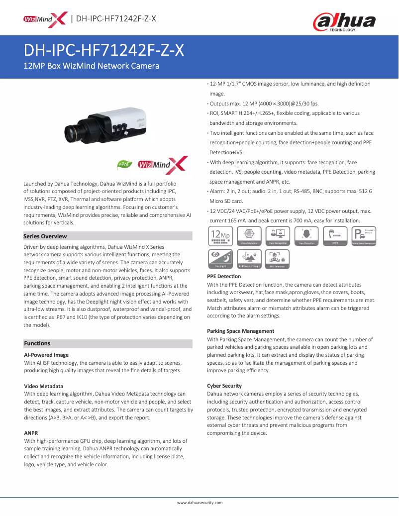 Page 1 de la notice Fiche technique Dahua Technology IPC-HF71242F-Z-X