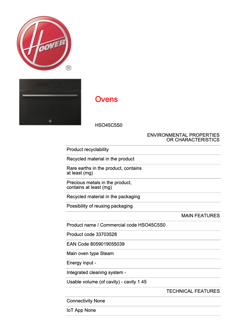Page n°1 - Fiche technique Hoover HSO45C5S0