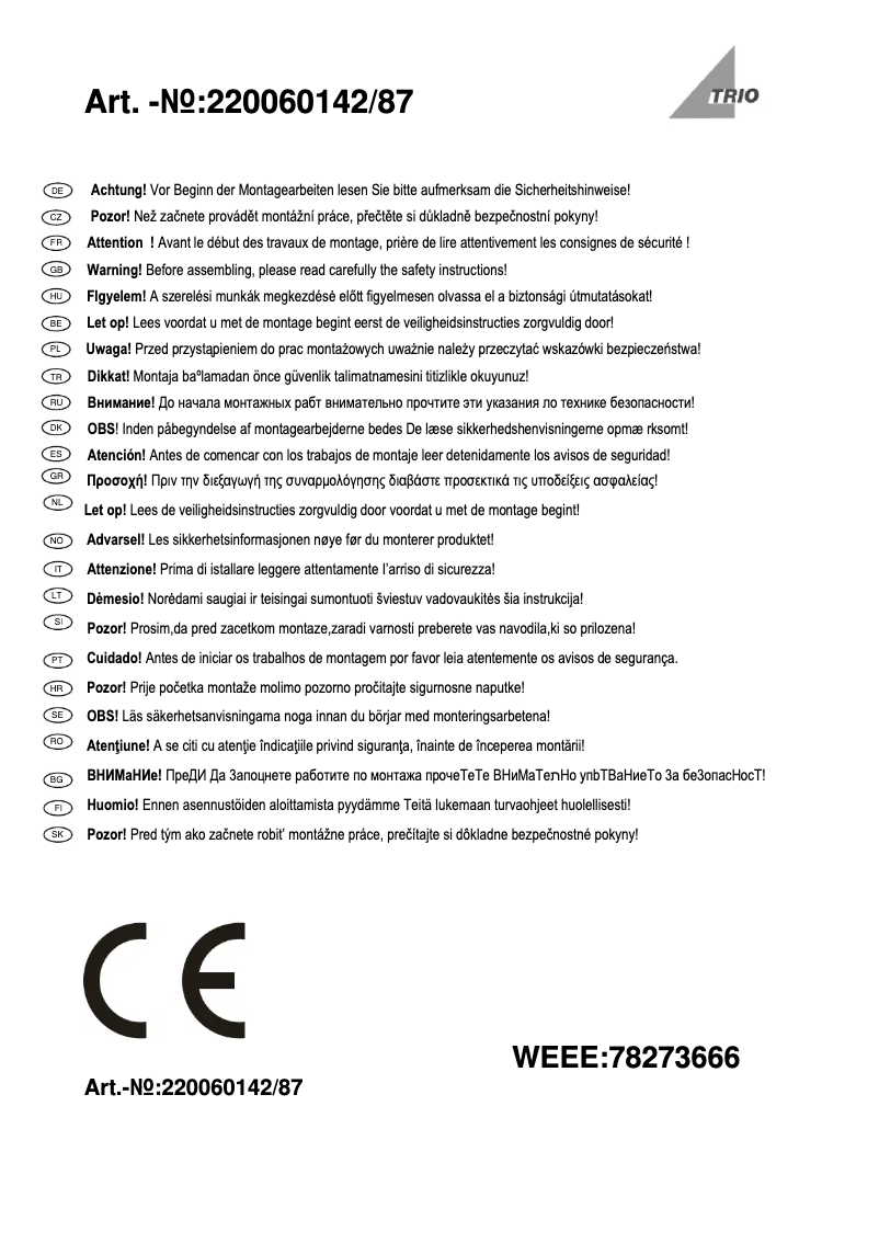 Page 1 de la notice Manuel utilisateur Trio Lighting Hudson 220060142