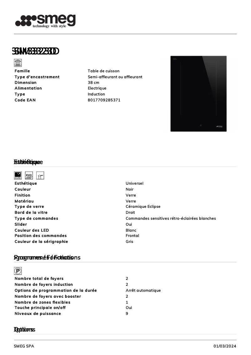 Page n°1 - Fiche technique Smeg SIM3323D