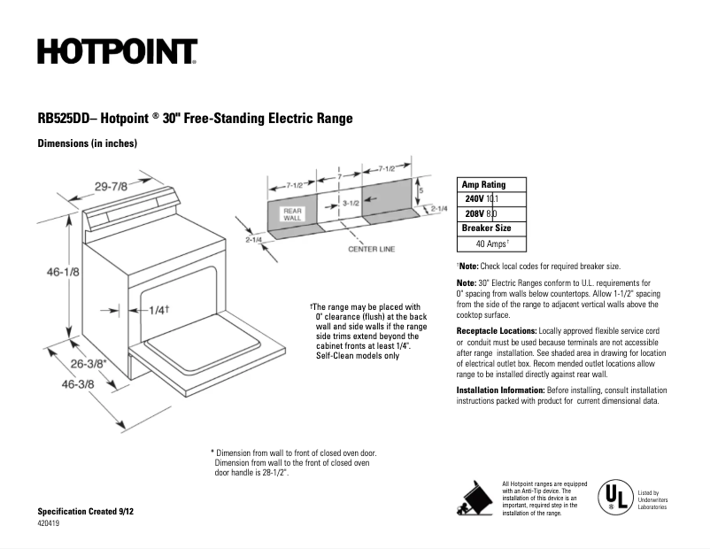 Page 1 de la notice Fiche technique Hotpoint RB525DDBB