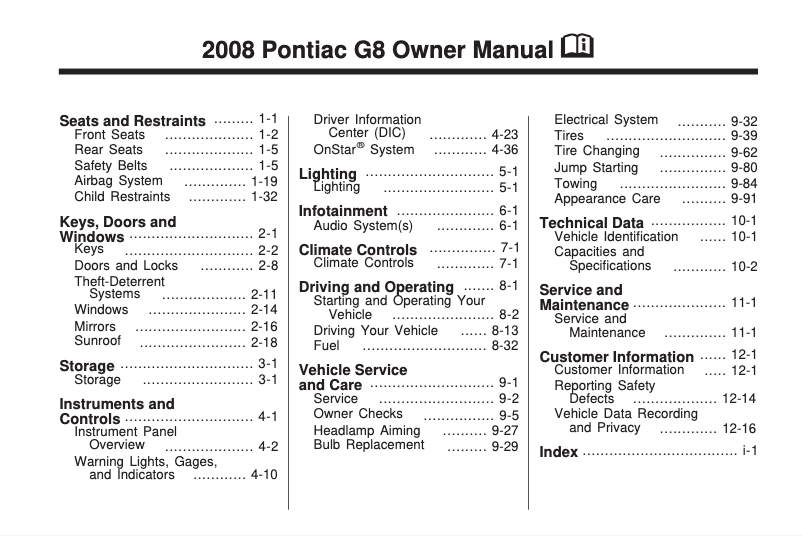 Page n°1 - Manuel utilisateur Pontiac G8 (2008)