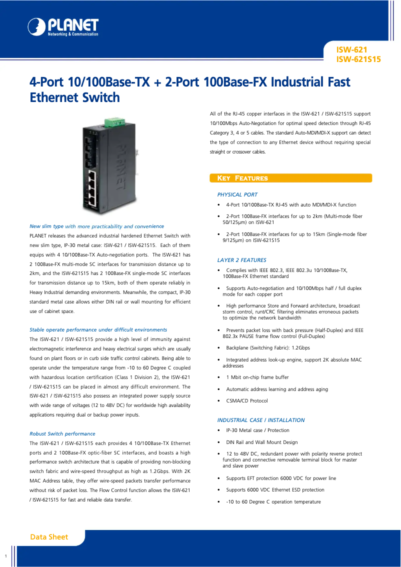 Page 1 de la notice Fiche technique Planet ISW-621S15