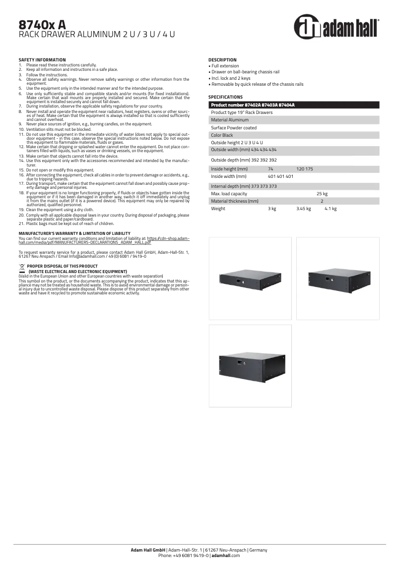 Page 1 de la notice Manuel utilisateur Adam Hall 87404A