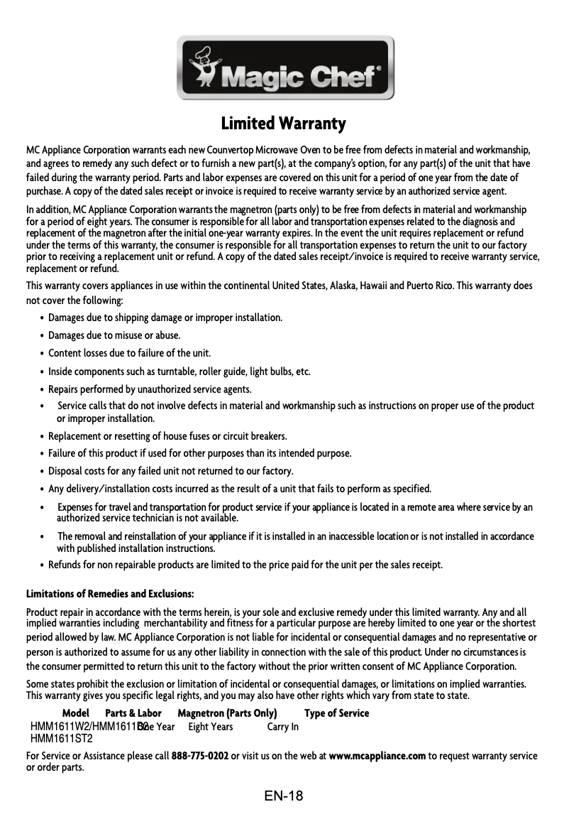 Page 1 de la notice Informations de garantie Magic Chef HMM1611ST2
