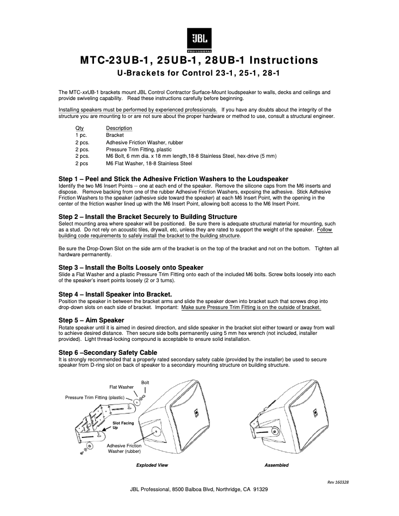 Page 1 de la notice Guide d'installation JBL Control 28-1