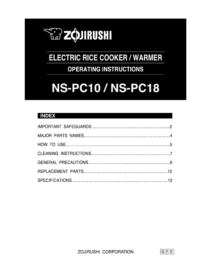 Page 1 de la notice Manuel utilisateur Zojirushi NS-PC10