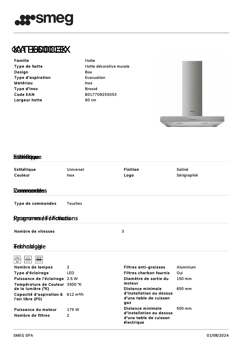 Page 1 de la notice Fiche technique Smeg KATE600CEX