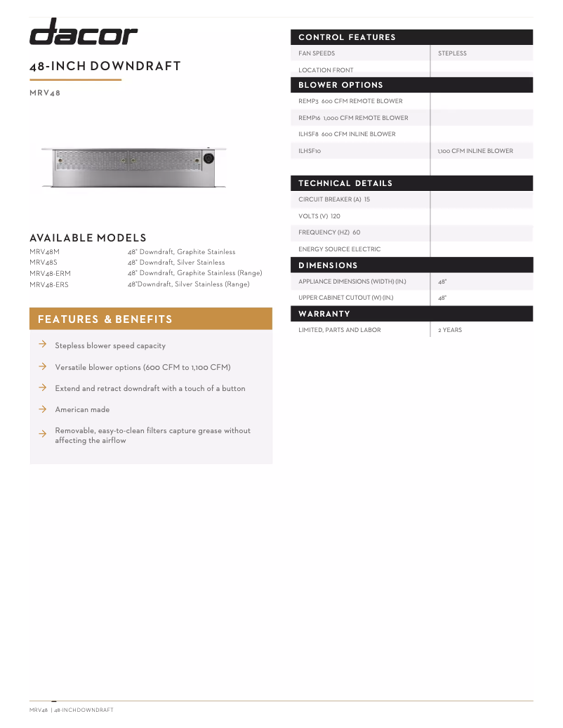 Page 1 de la notice Fiche technique Dacor MRV48ERM