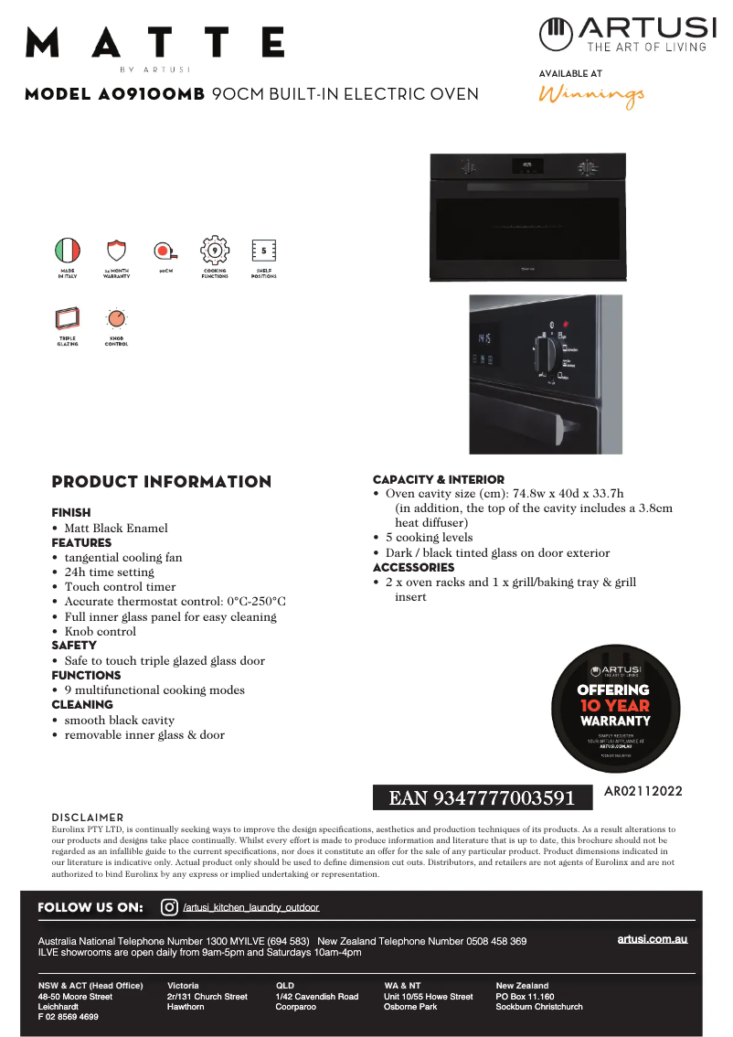 Page n°1 - Fiche technique Artusi AO9100MB