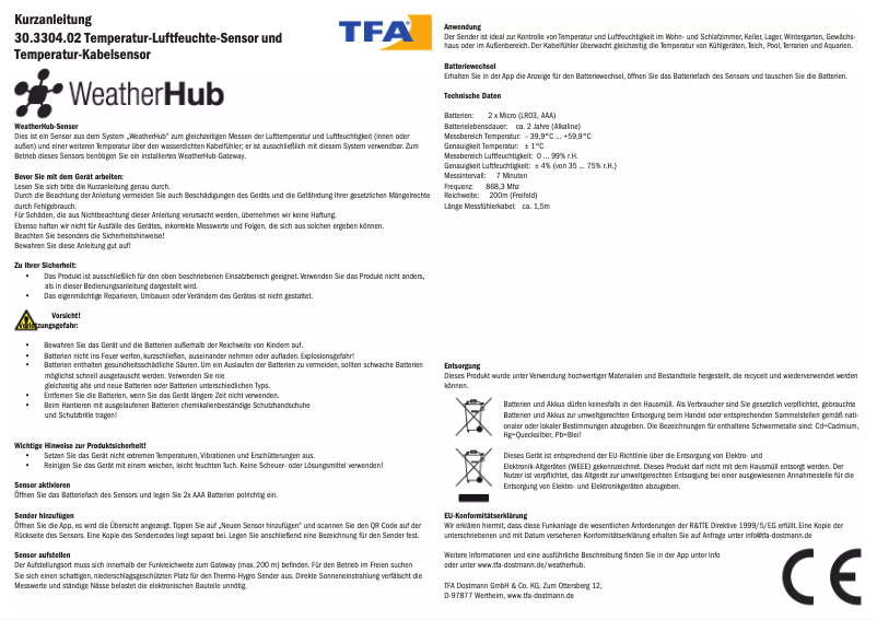 Page 1 de la notice Manuel utilisateur TFA 30.3304.02