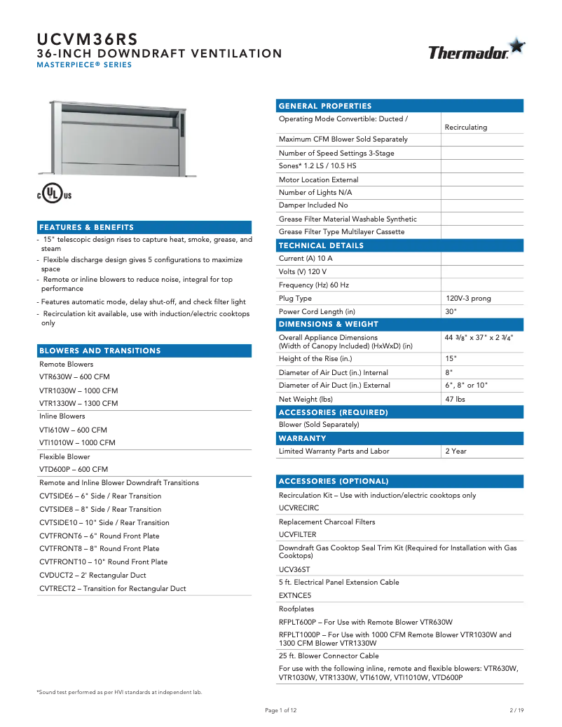 Page 1 de la notice Fiche technique Thermador UCVM36RS