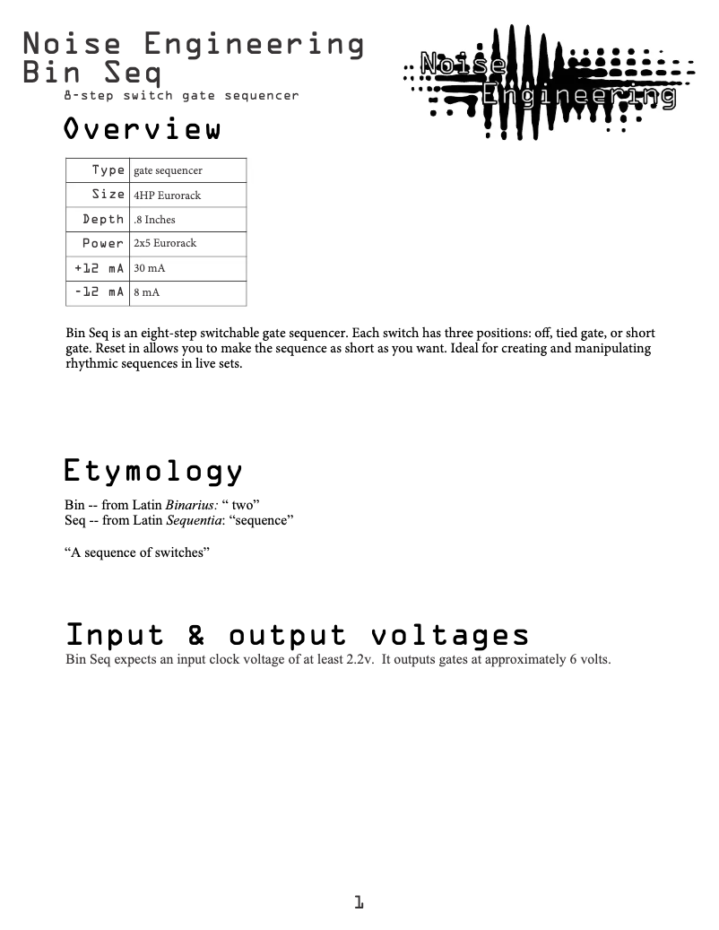 Page 1 de la notice Manuel utilisateur Noise Engineering Bin Seq