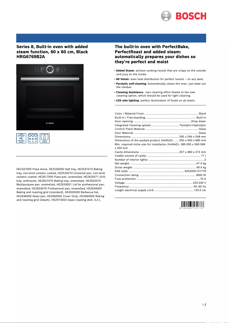 Page 1 de la notice Fiche technique Bosch HRG6769B2A