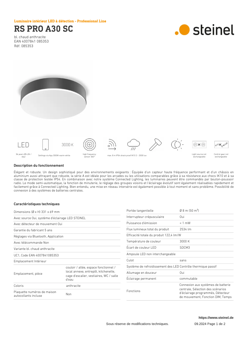 Page 1 de la notice Fiche technique Steinel RS PRO A30 SC