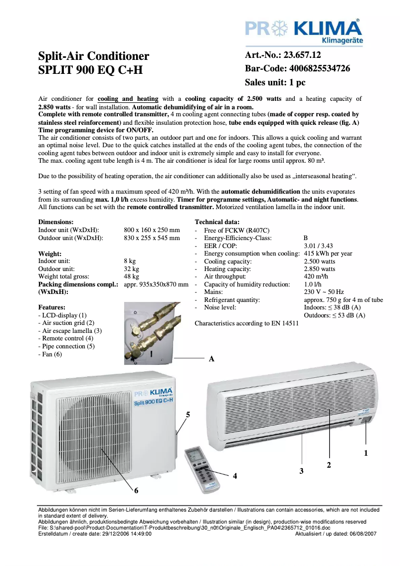 Image de la première page du manuel de l'appareil Split 900 EQ C+H