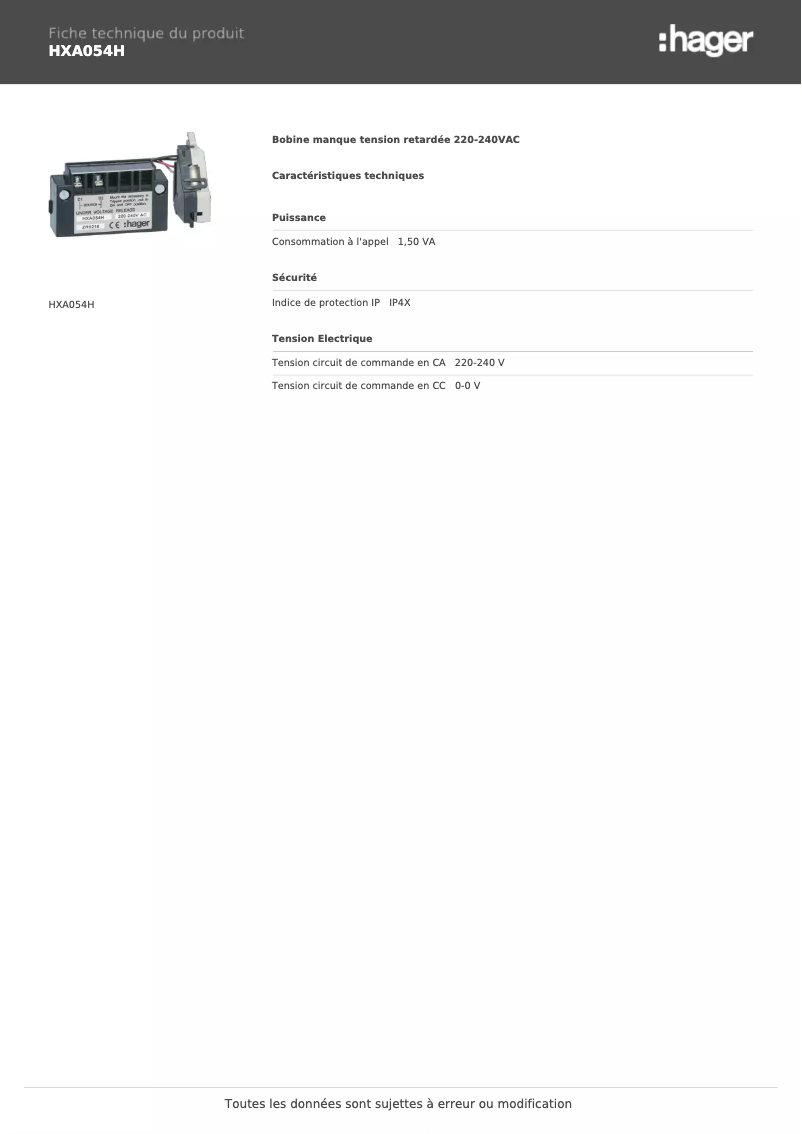 Page n°1 - Fiche technique Hager HXA054H