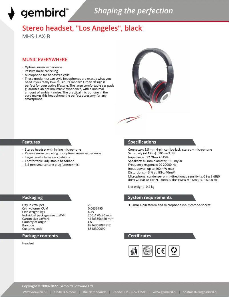 Page 1 de la notice Manuel utilisateur Gembird Los Angeles MHS-LAX-B