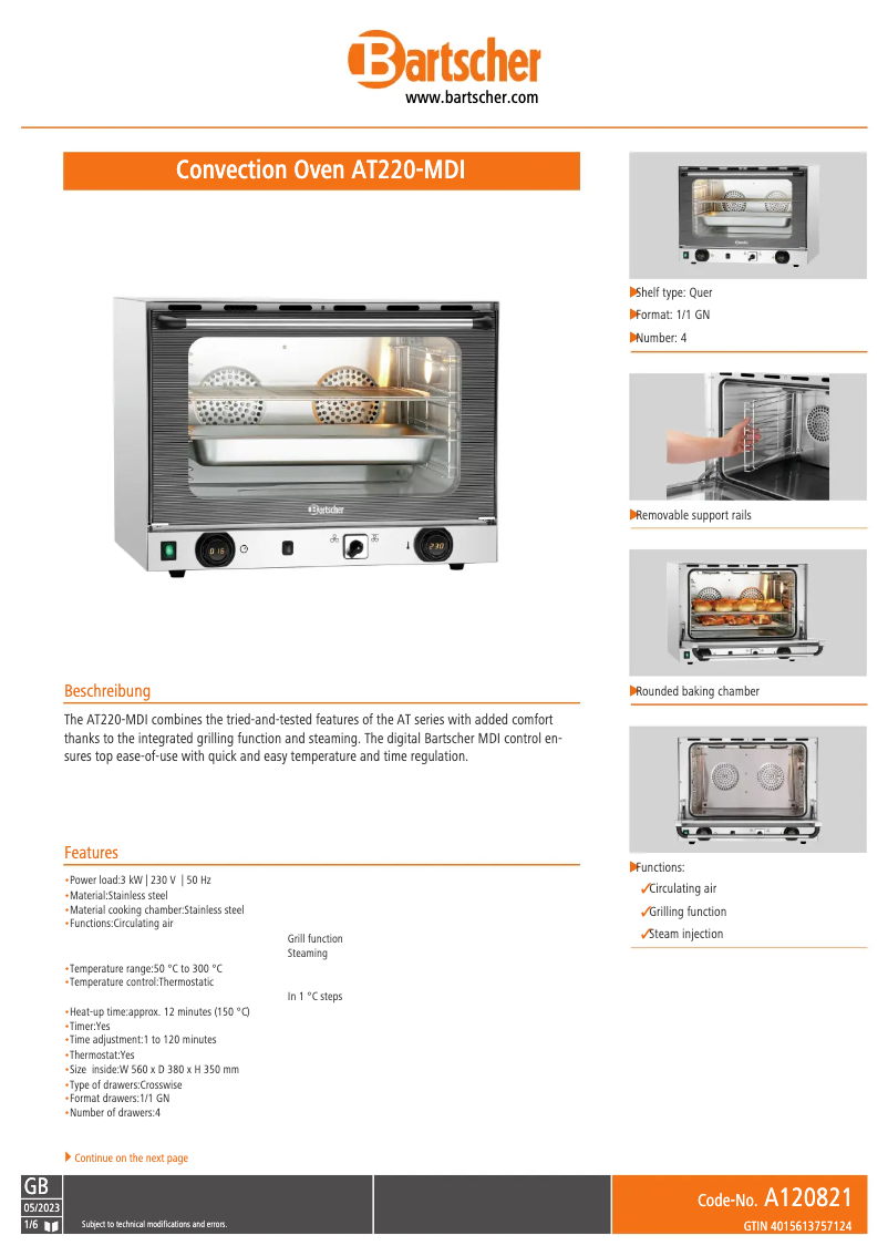 Página 1 del manual Ficha técnica Bartscher AT220-MDI