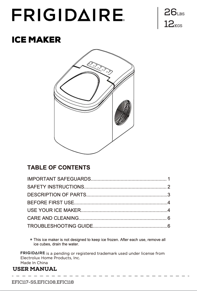 Page 1 de la notice Manuel utilisateur Frigidaire EFIC117-SS