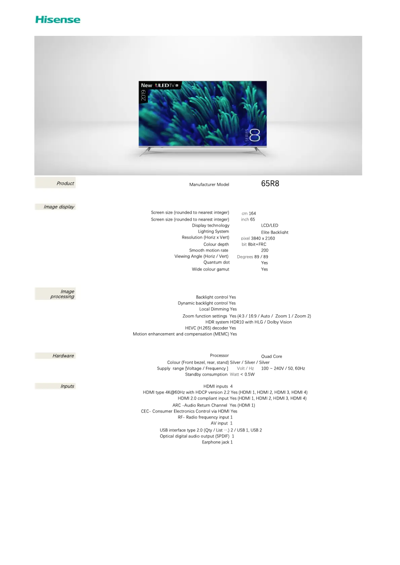 Page 1 de la notice Fiche technique Hisense 65R8