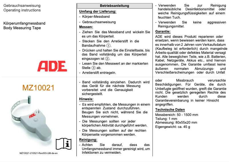 Page 1 de la notice Manuel utilisateur ADE MZ10021