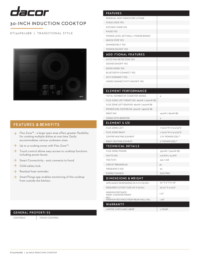 Page n°1 - Fiche technique Dacor DTI30P876BB