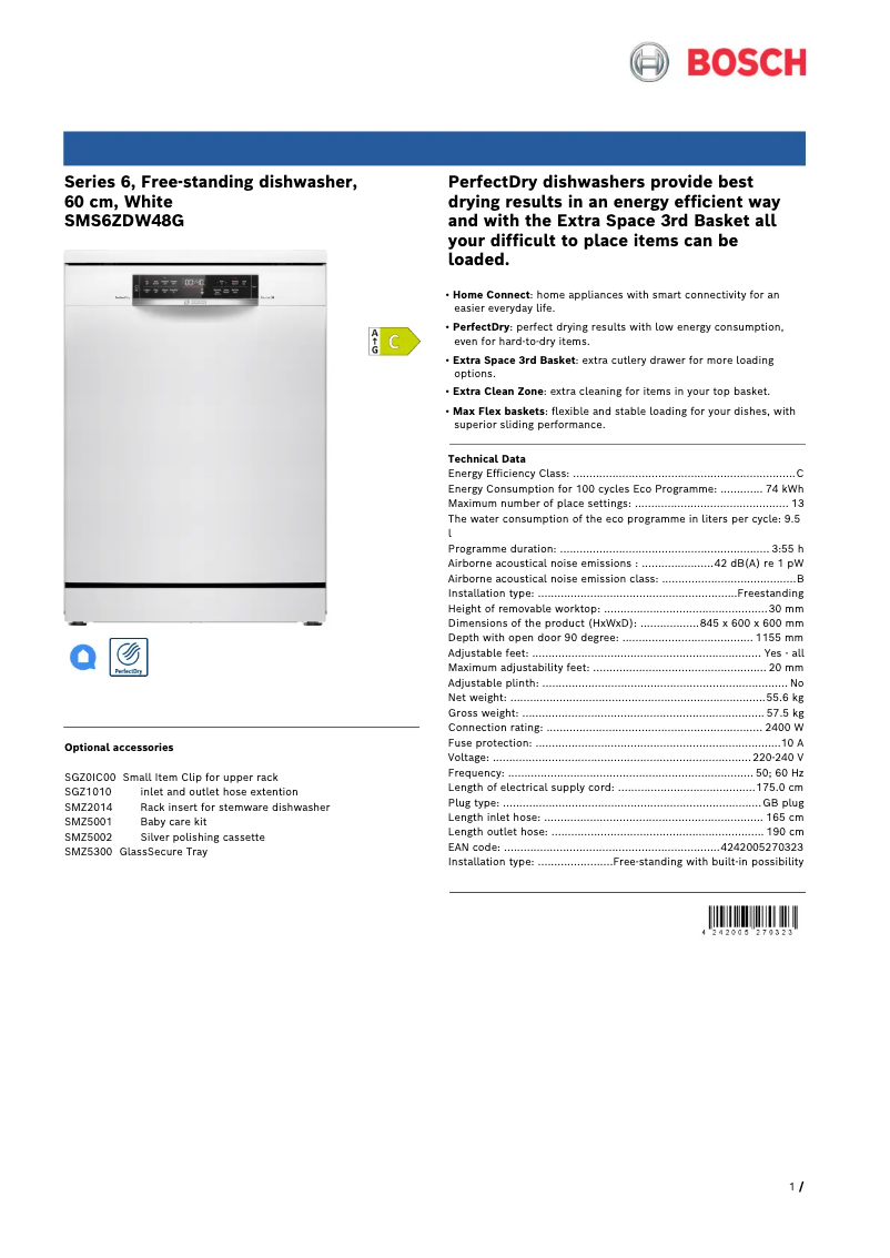 Página 1 del manual Ficha técnica Bosch SMS6ZDW48G