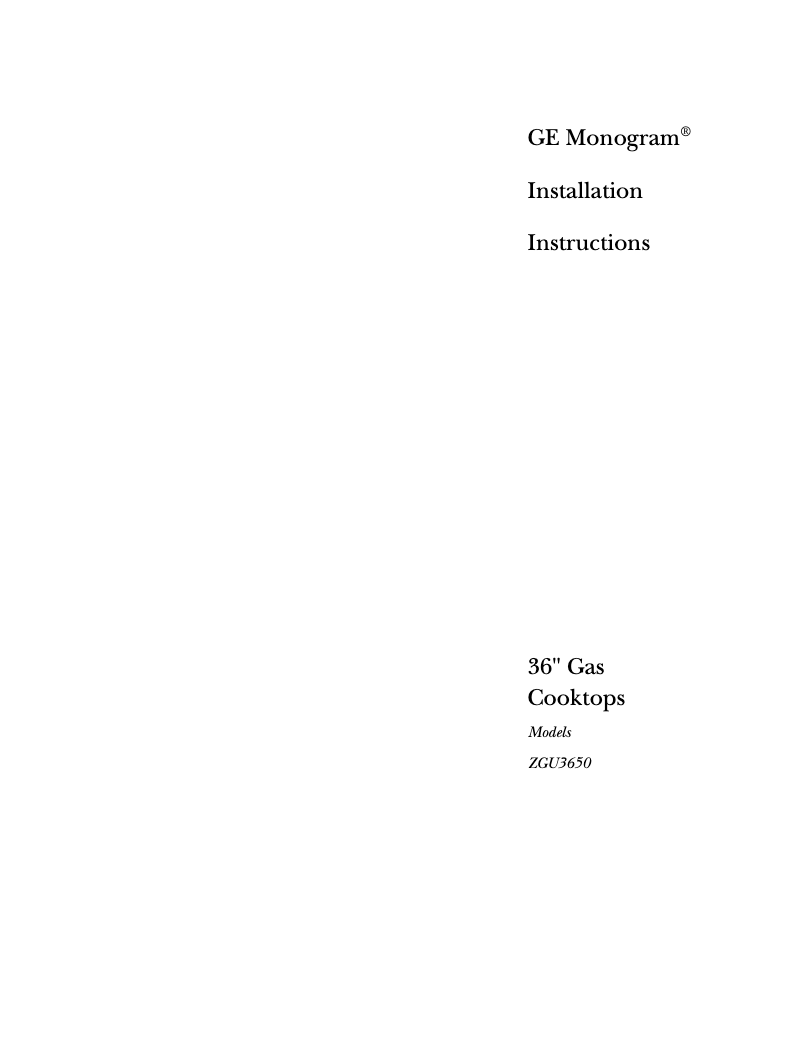 Page 1 de la notice Guide d'installation GE ZGU3650WBWG