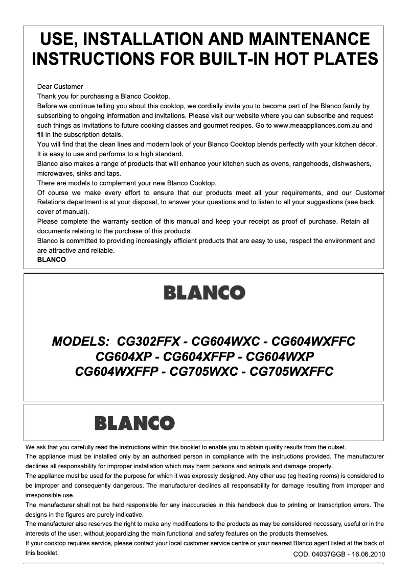 Page n°1 - Mode d'emploi BLANCO CG604WXFFP