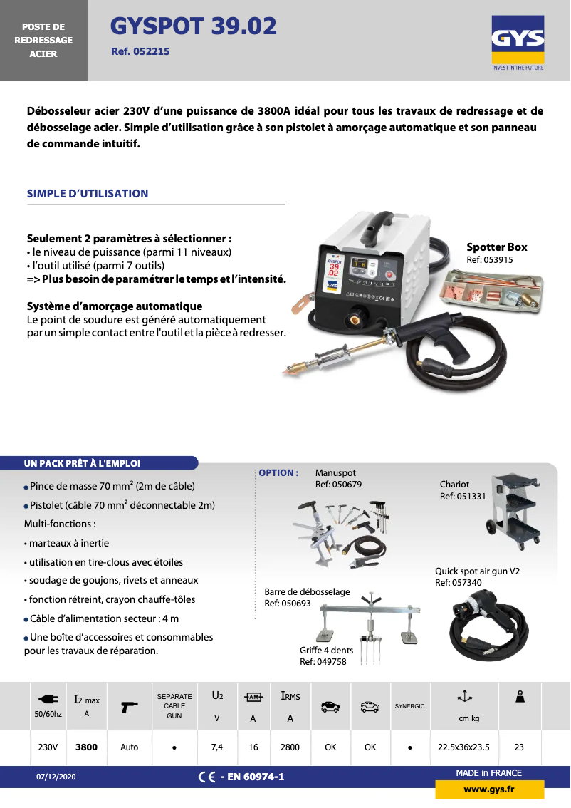 Page 1 de la notice Fiche technique GYS Gyspot 3902