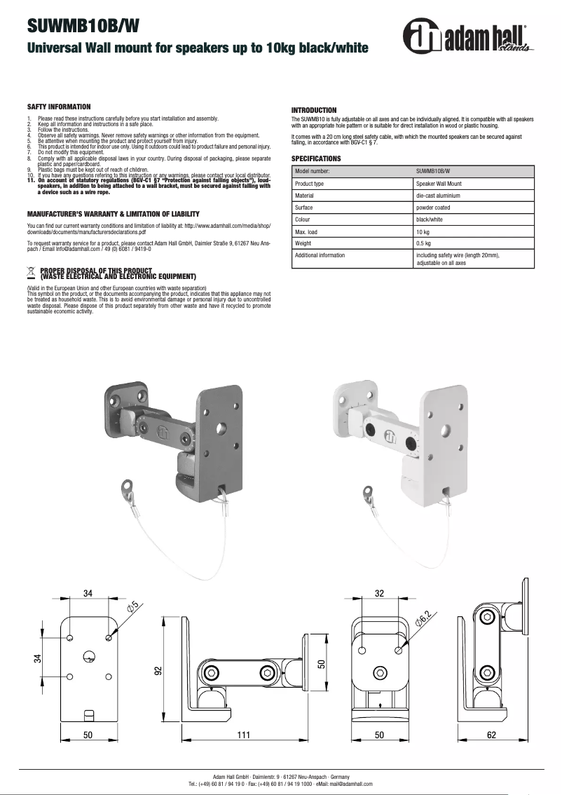 Page n°1 - Manuel utilisateur Adam Hall SUWMB10W