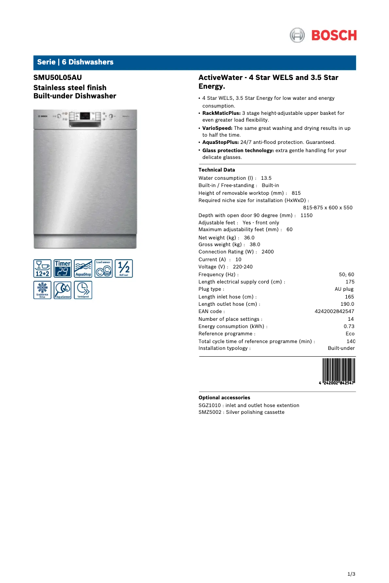 Página 1 del manual Ficha técnica Bosch SMU50L05AU