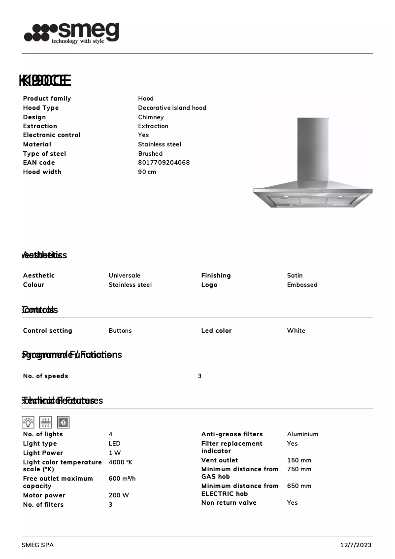 Page 1 de la notice Fiche technique Smeg KI90CE