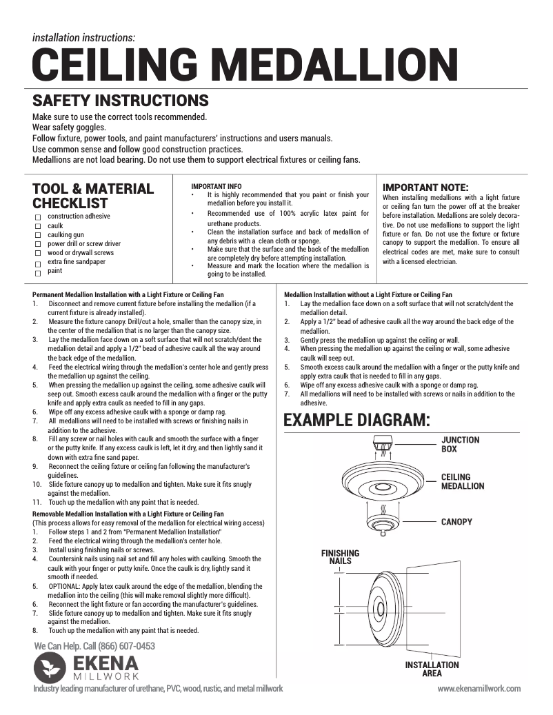 Page 1 de la notice Guide d'installation Ekena Millwork Ceiling Medallion