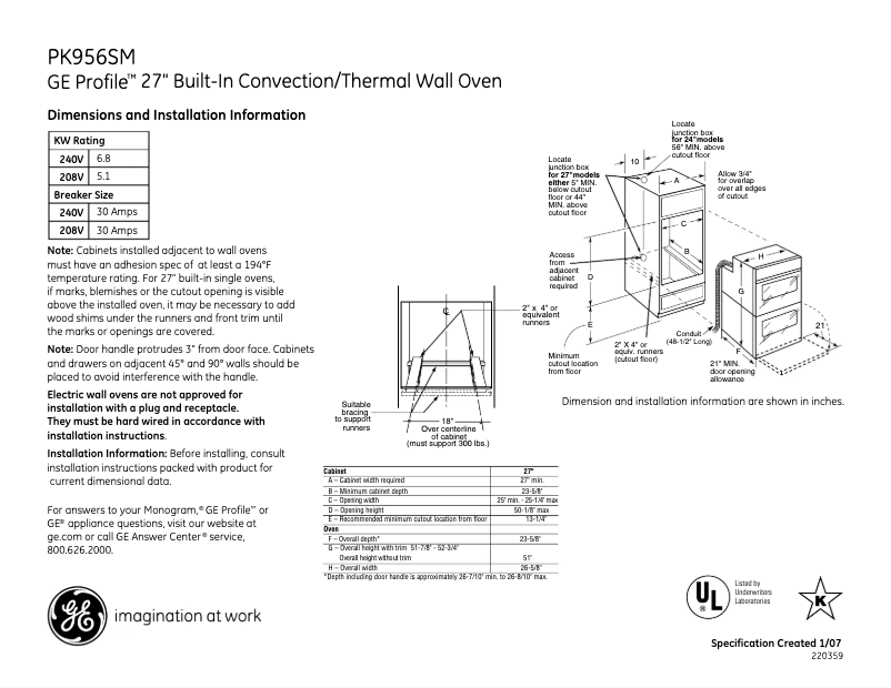 Page n°1 - Fiche technique GE Profile PK956SMSS