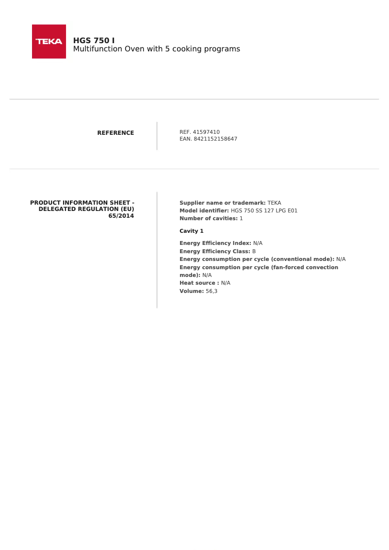 Page 1 de la notice Fiche technique Teka HGS 750 I