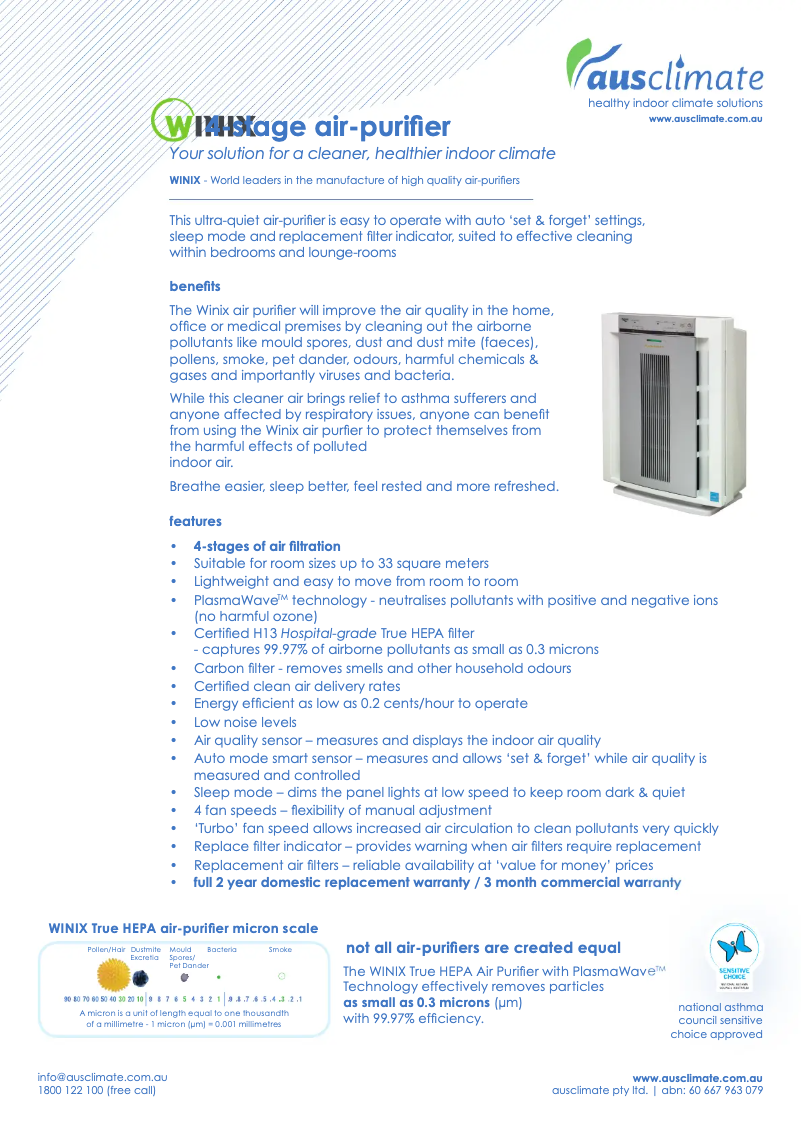 Page 1 de la notice Fiche technique Winix AUS-5500