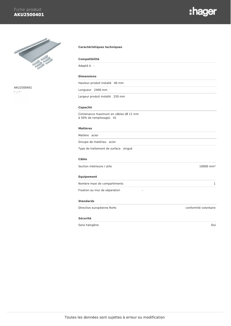 Page n°1 - Fiche technique Hager AKU2500401