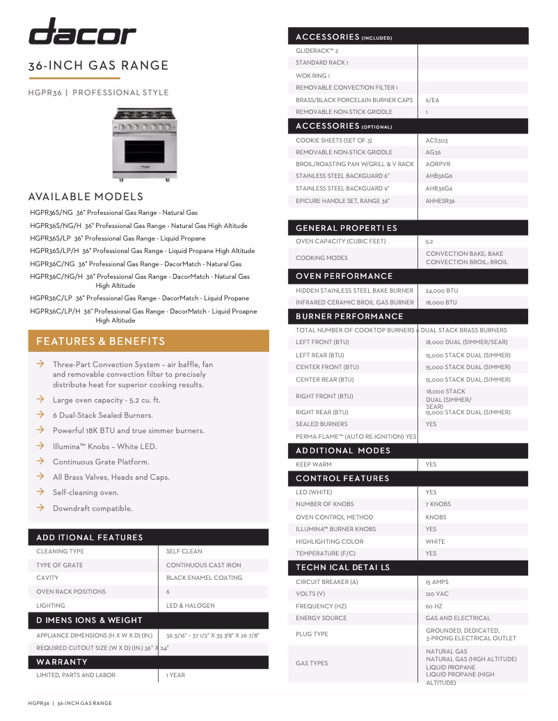 Page n°1 - Fiche technique Dacor HGPR36S