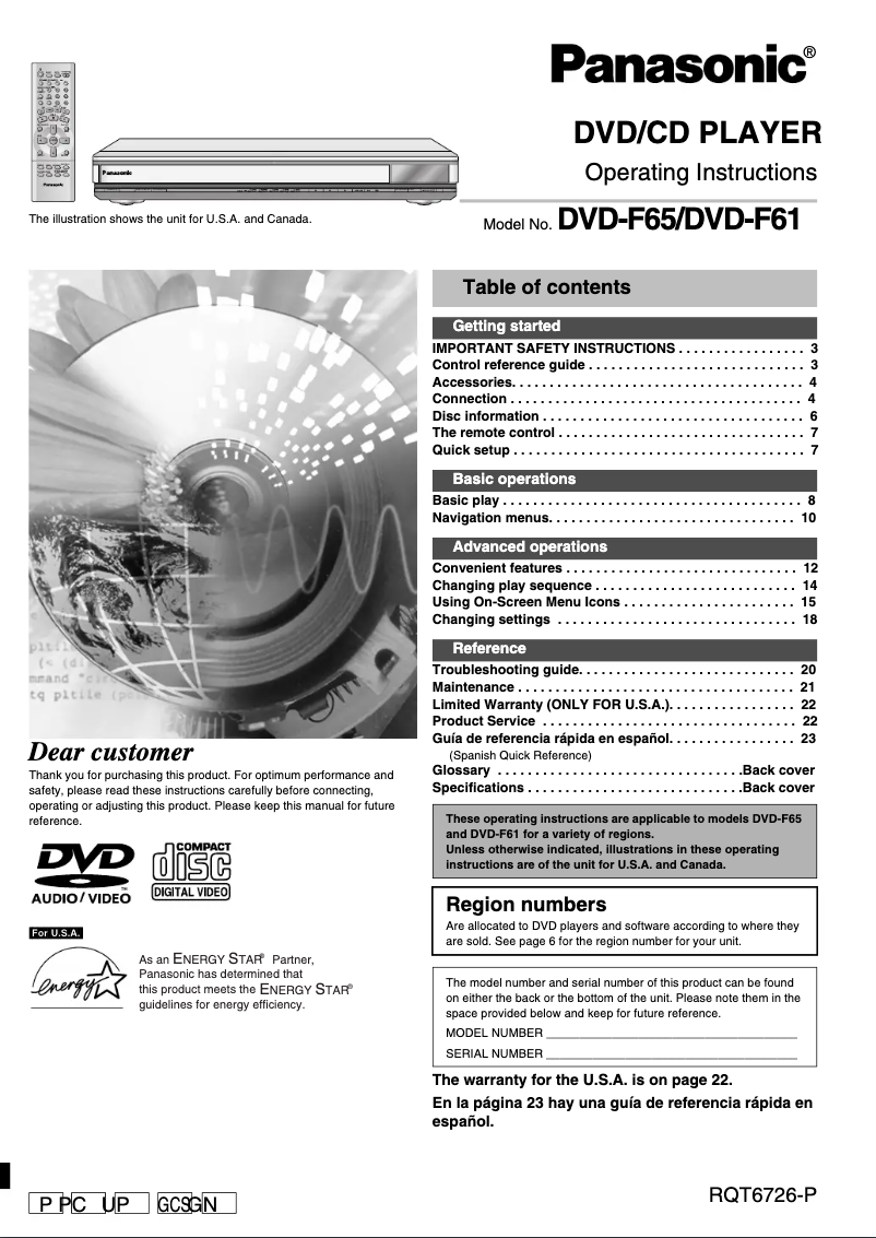 Page 1 de la notice Manuel utilisateur Panasonic DVD-F65P