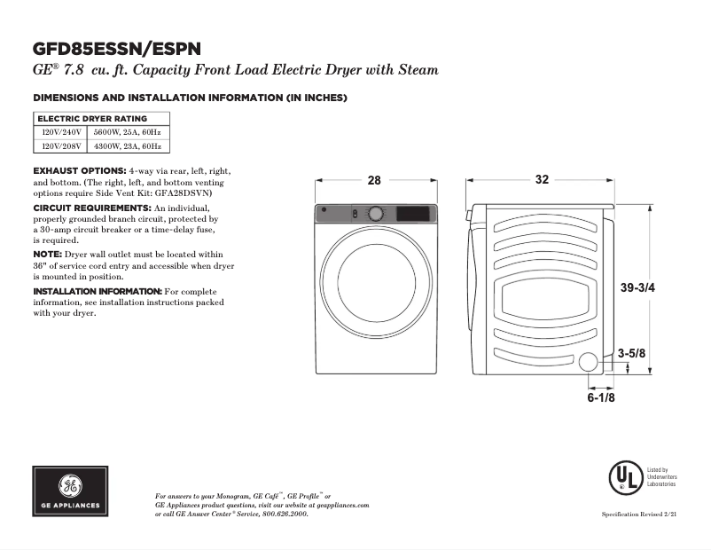 Page 1 de la notice Fiche technique GE GFD85ESSNWW