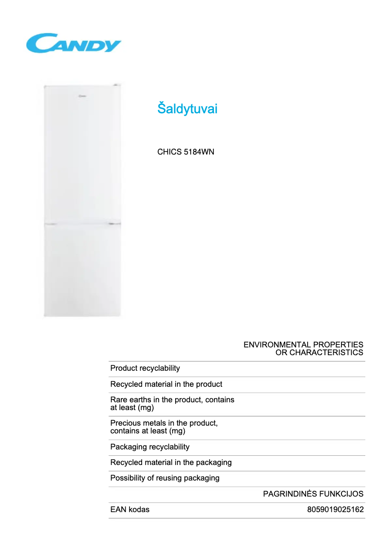 Page 1 de la notice Fiche technique Candy CHICS 5184WN