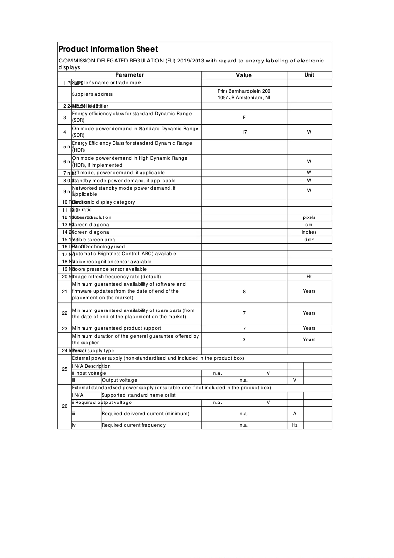 Page 1 de la notice Fiche technique Philips 24HFL3014