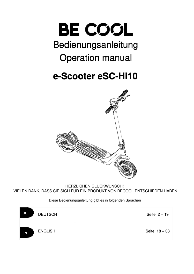 Page 1 de la notice Manuel utilisateur Be Cool eSC-Hi10