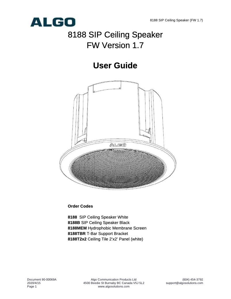 Page n°1 - Manuel utilisateur Algo 8188